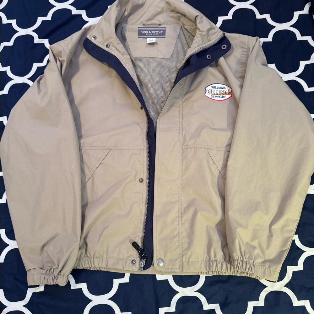 Tan Windbreaker with Navy Collar and Elastic Cuffs